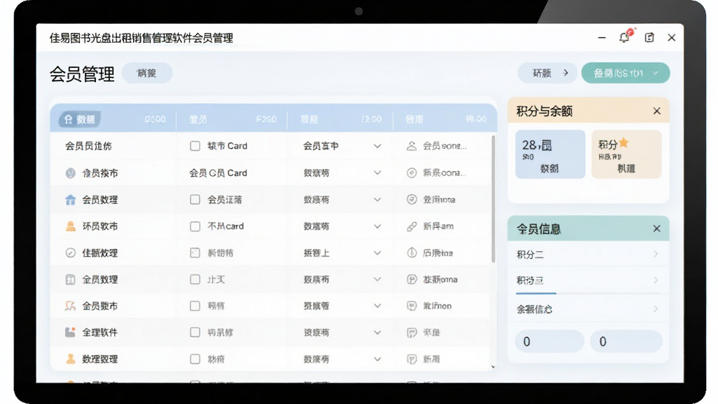 佳易图书光盘出租销售管理软件会员管理界面,显示会员列表、会员卡片、积分与余额信息,界面友好,数据清晰,现代UI设计,色彩柔和,画质干净