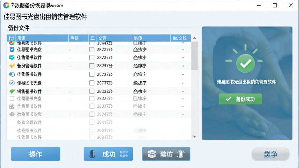 佳易图书光盘出租销售管理软件数据备份恢复界面,显示备份文件列表,操作按钮清晰,界面简洁,备份成功提示,现代风格,干净整洁