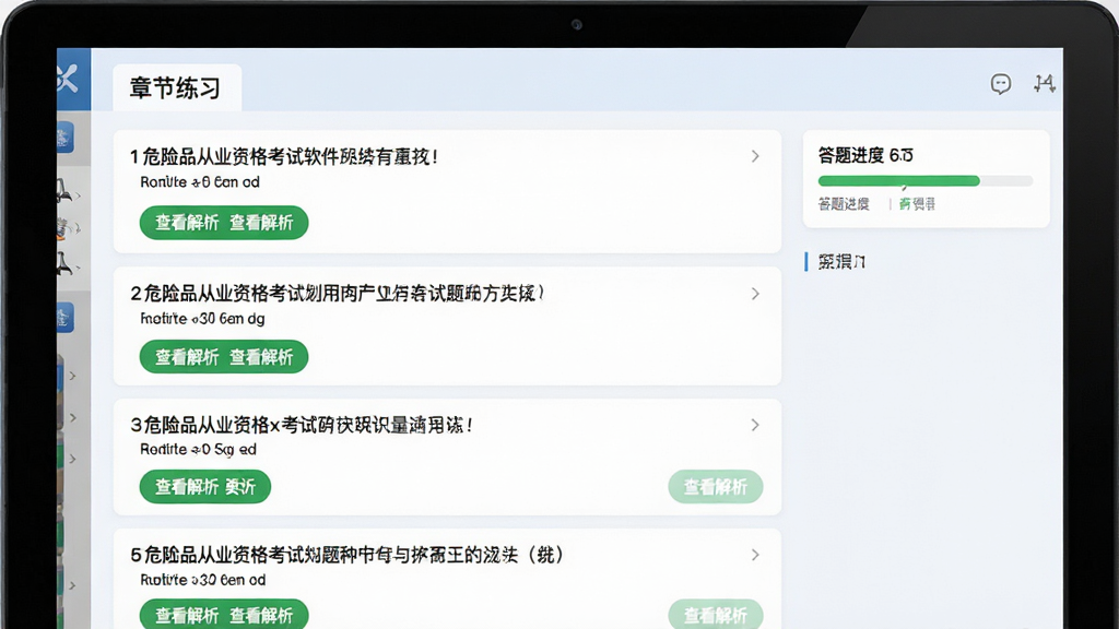 展示危险品从业资格考试软件题库练习界面的截图,页面顶部显示“章节练习”标签,下方列出多道选择题,每道题下方有绿色“查看解析”按钮,右侧显示答题进度条,整体布局清晰,色彩柔和,画质干净