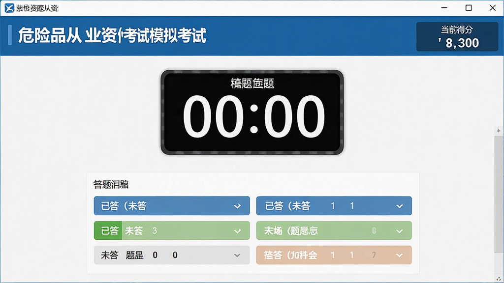 展示危险品从业资格考试软件模拟考试界面的截图,页面中央显示一个倒计时时钟,下方为答题卡,标注已答和未答题目,右上角显示当前得分,整体风格专业严谨,色彩对比清晰,画质高清