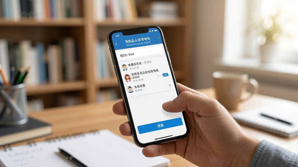 展示用户正在手机上使用危险品从业资格考试软件进行刷题的实拍场景,手机屏幕清晰显示答题界面,背景为书房环境,光线明亮,构图自然,画质高清