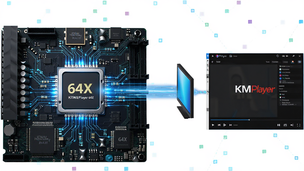 KMPlayer 64X 硬件加速示意图,主体为电脑主板上的GPU芯片,周围有数据流线连接到屏幕图标,布局为左右结构,左侧硬件右侧播放器界面,风格科技感十足,细节包括电路纹理、亮色光效,画质清晰干净,无多余元素