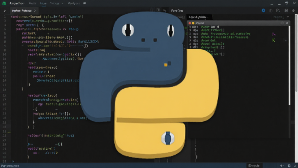 Python编程语言主视觉图,主体为Python官方Logo(两条交织的蓝黄蟒蛇),背景为深色代码编辑器界面,布局居中,排版简洁,风格现代科技感,细节包括代码高亮和运行窗口,画质高清干净,无多余元素