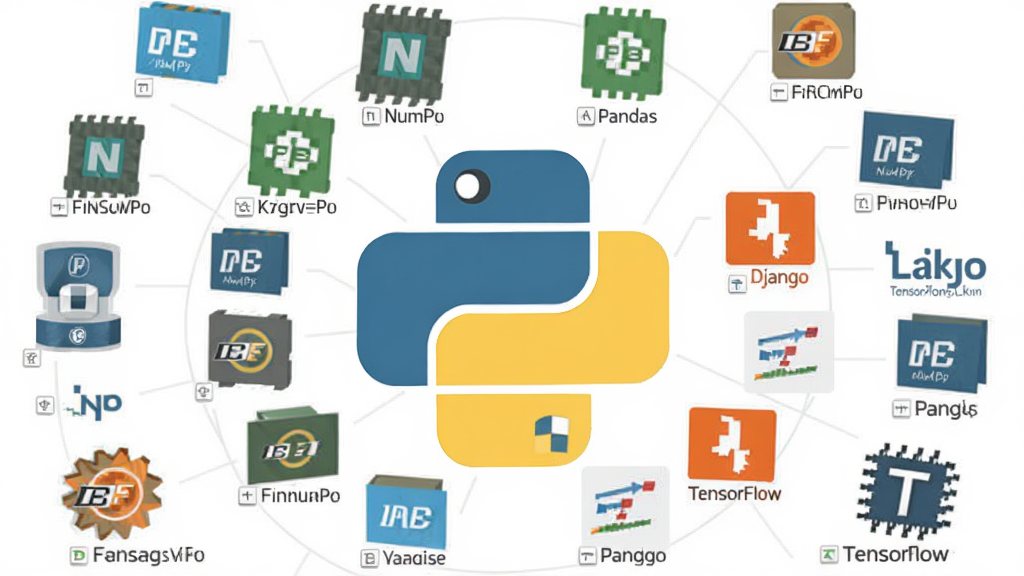 Python库生态图,主体为Python Logo周围环绕各种库图标(NumPy、Pandas、Django、TensorFlow),布局圆形环绕,排版整齐,风格扁平化,细节包括库名称标签,画质干净,无多余元素