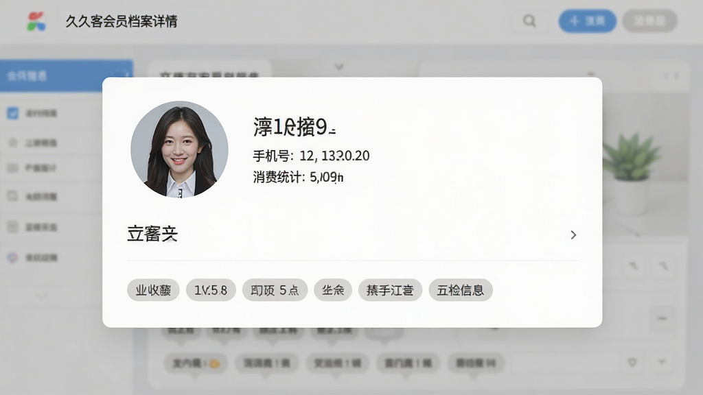 一张久久客会员档案详情页面的界面预览图,主体为单个会员的详细信息卡片,包含头像、手机号、消费统计和标签信息,布局采用卡片式设计,排版整齐,风格清新明亮,细节展示完整,画质清晰干净,无多余元素