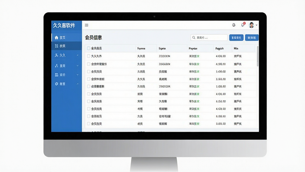一张展示久久客软件在电脑屏幕上运行的界面截图,主体是清晰的会员列表与数据看板,布局采用左右分栏结构,左侧为功能导航菜单,右侧为会员信息表格,整体风格简洁现代,以蓝白为主色调,界面细节饱满,画质高清干净,无多余元素