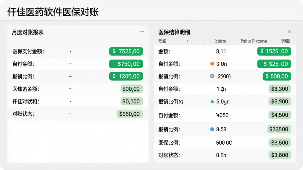 主体:仟佳医药软件医保对账页面,显示月度对账报表和医保结算明细。布局:左侧为报表摘要,右侧为明细列表。排版:数据清晰,金额用绿色标注。风格:专业财务风格,浅灰背景。细节:报表包含医保支付金额、自付金额、报销比例等字段,并有对账状态标识。画质:高清,干净,无多余元素。