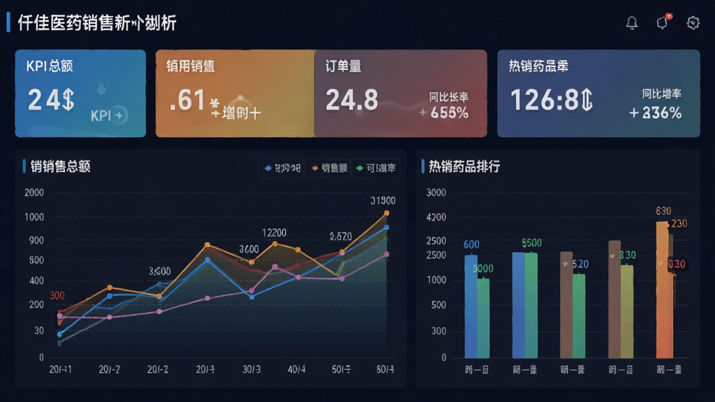 主体:仟佳医药销售分析仪表盘,显示销售总额、订单量、热销药品排行。布局:顶部为KPI卡片,下方为折线图与柱状图。排版:图表色彩丰富,数据标签清晰。风格:现代大屏风格,深色背景。细节:图表展示时间段、销售额、同比增长率等。画质:高清,干净,无多余元素。