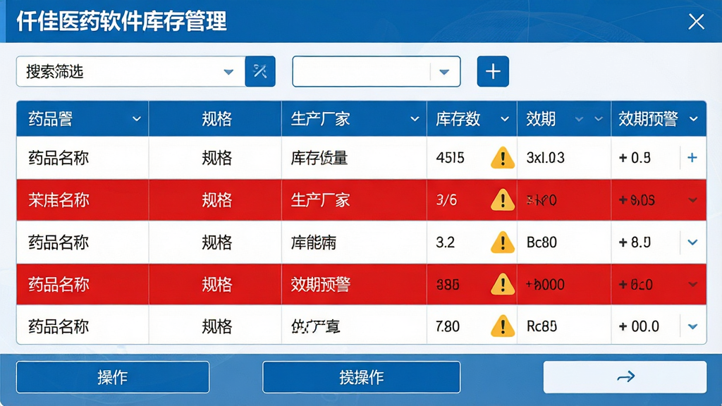 主体:仟佳医药软件库存管理界面,显示药品列表、库存数量、效期预警。布局:中央为数据表格,上方为搜索筛选栏,底部为操作按钮。排版:表格行清晰,预警行用红色高亮。风格:商务简洁,蓝白配色。细节:药品名称、规格、生产厂家、库存数、效期等列,预警图标为感叹号。画质:高清,干净,无多余元素。