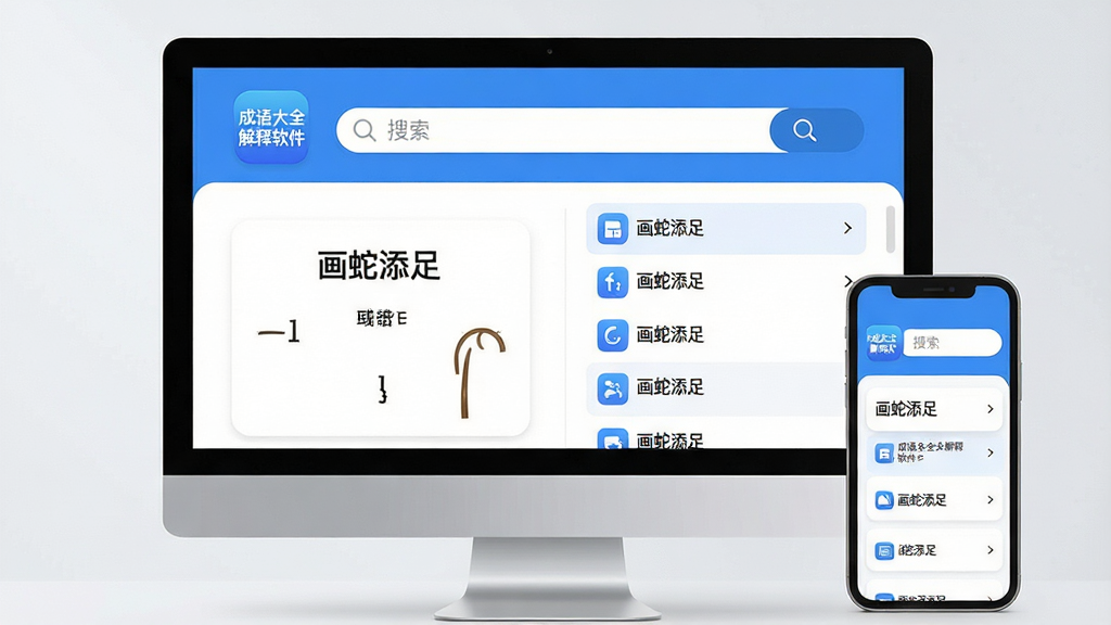 主体:成语大全解释软件界面展示在电脑屏幕与手机屏幕上,屏幕中显示“成语大全解释软件”字样及成语“画蛇添足”的释义页面。布局:左上方为软件Logo与搜索框,右侧为词条详情列表。排版:整体采用上下结构,上方为搜索栏,下方为结果展示区,风格简约清晰。风格:现代扁平化设计,蓝白主色调,图标圆润。细节:屏幕中文字清晰可读,界面干净无多余元素。画质:高清渲染,光线柔和,干净无多余元素。