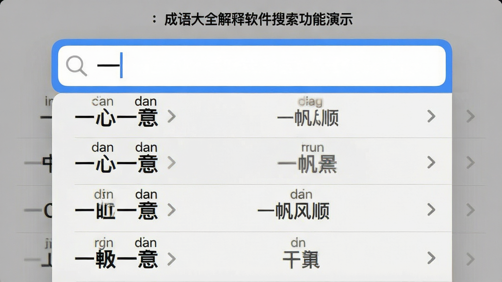 主体:成语大全解释软件的搜索功能演示,搜索框内输入“一”字,下方下拉列表展示“一心一意”“一帆风顺”等联想词。布局:搜索框位于页面顶部,联想列表紧贴下方。排版:列表项横向排列,每个词条后带小箭头。风格:简洁的iOS风格,灰色背景。细节:搜索框有放大镜图标,联想词带拼音标注。画质:高对比度,文字锐利,干净无多余元素。