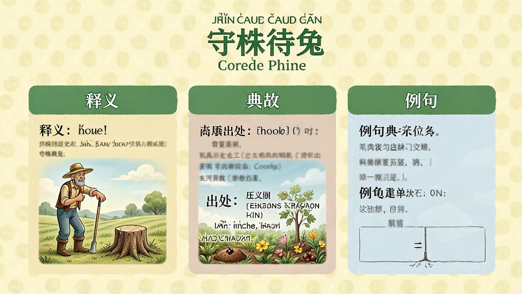 主体:成语“守株待兔”的详情页,页面展示释义、出处、典故、例句等模块。布局:顶部为成语名称与拼音,下方分区块展示各类信息。排版:卡片式布局,每个模块用不同底色区分。风格:淡黄色背景,绿色标题。细节:典故部分配有一幅农夫守树桩的插画。画质:插图细腻,文字清晰,干净无多余元素。