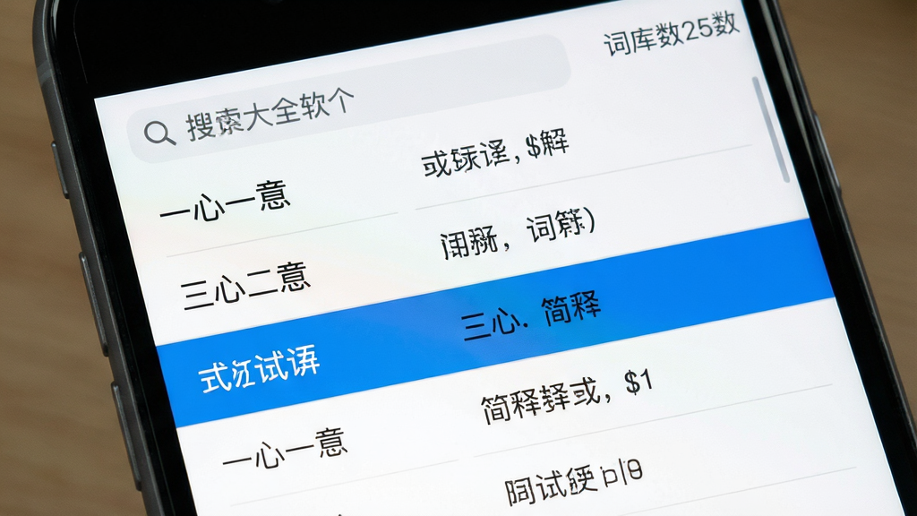 主体:成语大全解释软件在手机上的词库列表页面,顶部有搜索栏,下方滚动显示“一心一意”“三心二意”等成语条目。布局:列表式排列,每条目左侧为成语名称,右侧为简释。排版:单列滚动,行间距适中,字体清晰。风格:清爽的白色背景,蓝色高亮选中效果。细节:条目底部有分割线,右上角显示词库总数。画质:屏幕明亮,细节丰富,干净无多余元素。