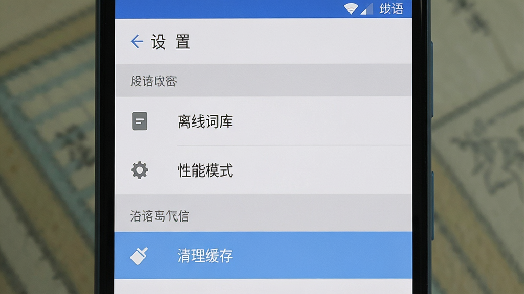 主体:成语大全解释软件在手机上的运行界面,屏幕显示“设置”菜单,包含“离线词库”“性能模式”等选项。布局:设置列表居中,每行有图标和文字。排版:分组排列,每组有灰色标题。风格:Android Material Design风格。细节:其中一个选项高亮显示“清理缓存”。画质:屏幕清晰,色彩自然,干净无多余元素。