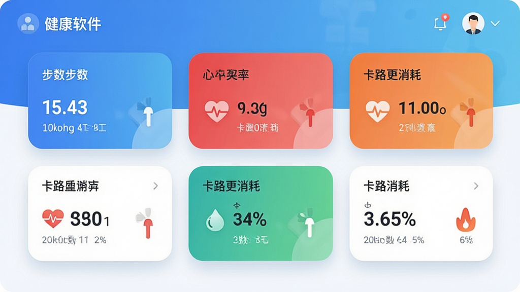 超超软件主界面预览图,展示健康数据仪表盘,包含步数、心率、卡路里消耗等核心数据卡片,界面采用蓝白渐变主色调,卡片圆润,布局清晰,现代扁平化设计风格,细节精致,画质干净,无多余元素。