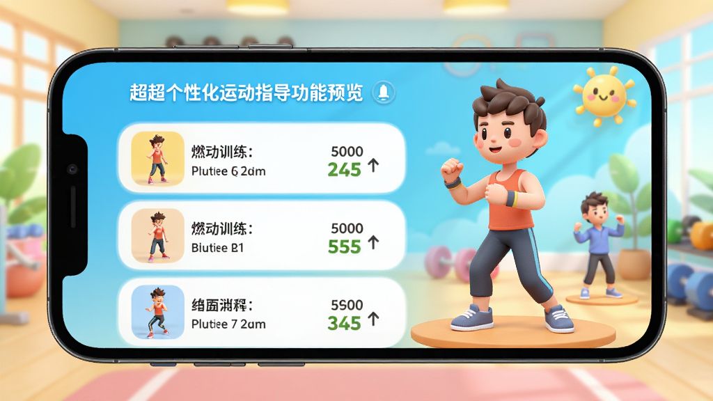 超超个性化运动指导功能预览,手机屏幕展示一套定制化的燃脂训练课程列表,包含动作名称和预计消耗,旁边有3D卡通人物演示动作,背景明亮,风格活泼,色彩鲜艳,画质干净,无多余元素。