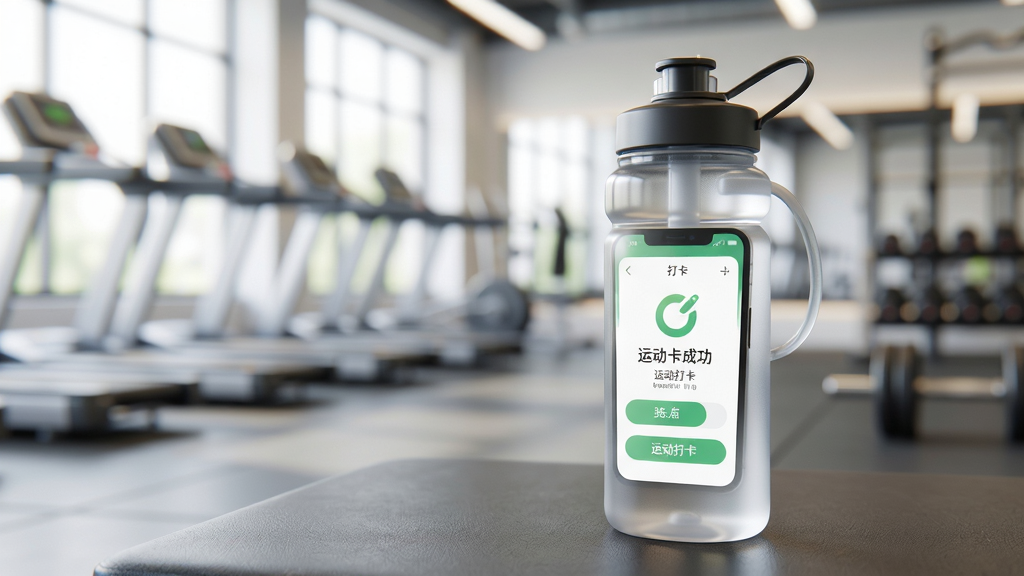 超超软件使用场景示意图,一部手机放在运动水壶旁,屏幕显示运动打卡成功界面,背景是健身房环境,浅景深效果,画面明亮,构图舒适,画质干净,无多余元素。