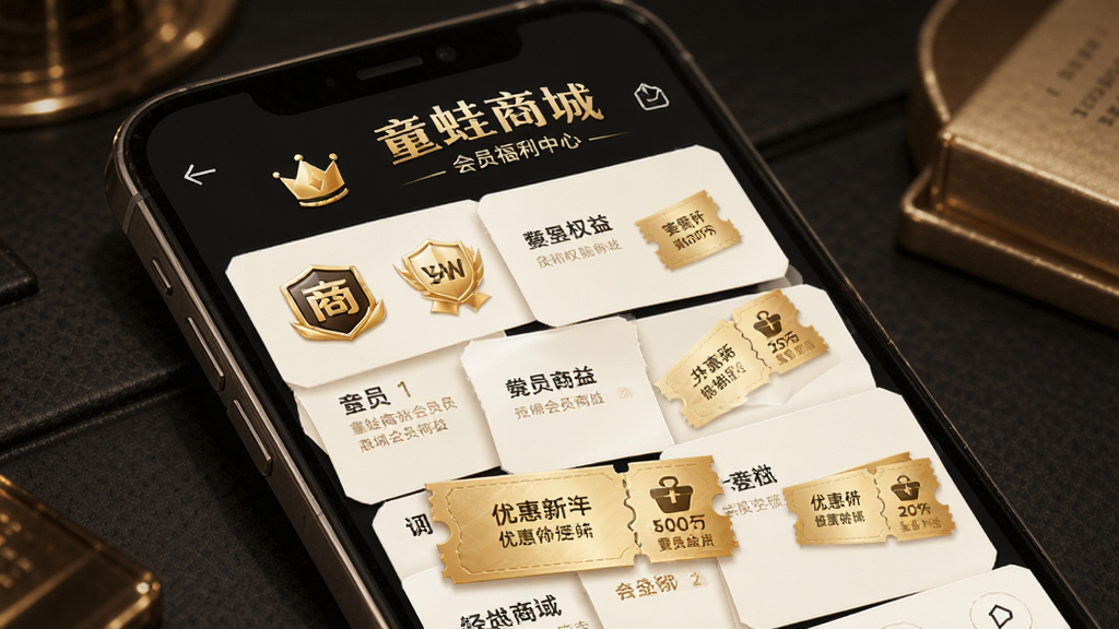 童蛙商城会员福利中心,主体为手机界面展示会员权益列表,布局采用卡片式排列,风格豪华大气,细节包括等级图标与优惠券样式,画质高清,无多余元素