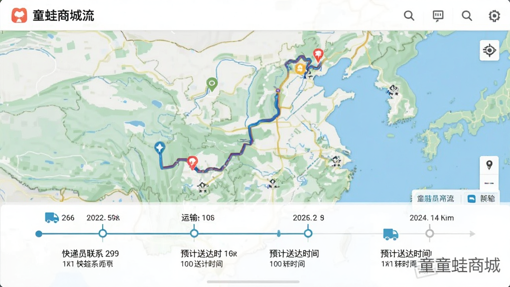 童蛙商城物流追踪界面,主体为地图轨迹展示,布局以时间线形式呈现运输节点,风格直观简洁,细节包括快递员联系方式与预计送达时间,画质干净,带有“童蛙商城”水印
