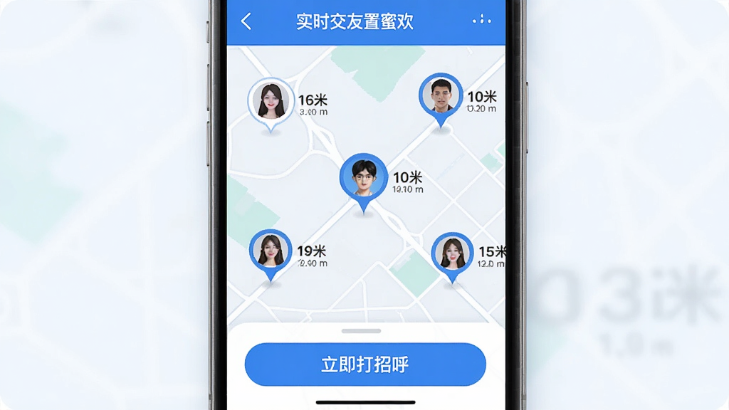 附近蜜欢实时位置交友功能界面,地图上分布着多个用户头像标记,每个头像旁显示距离米数,底部有“立即打招呼”按钮,界面采用蓝白配色,地图风格清新,画质细腻,干净整洁。