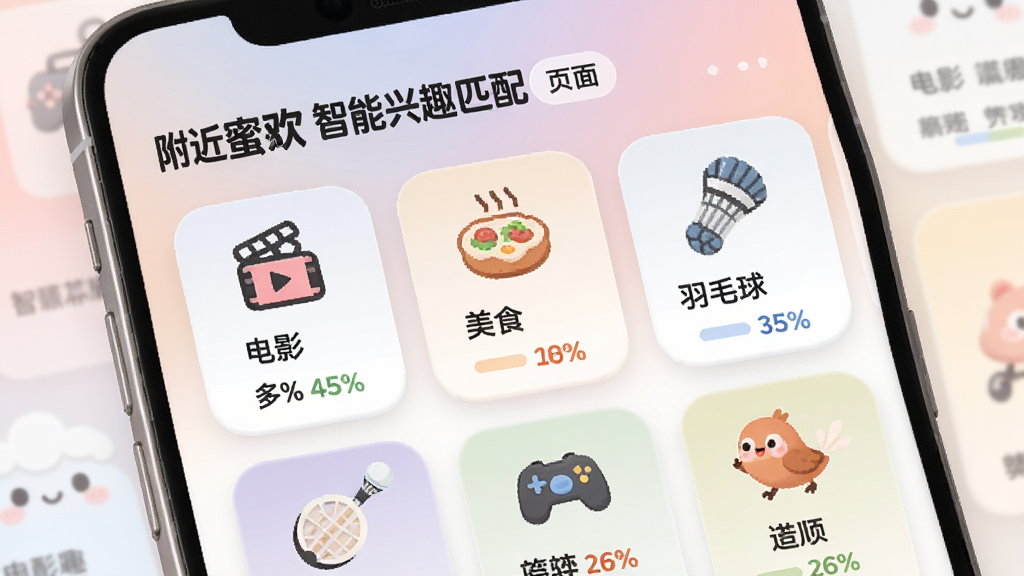 附近蜜欢智能兴趣匹配页面,屏幕展示多个兴趣卡片,如“电影”、“美食”、“羽毛球”等,每个卡片带有图标和匹配度百分比,背景为柔和的渐变色,整体设计圆润可爱,画质高清,干净无冗余元素。