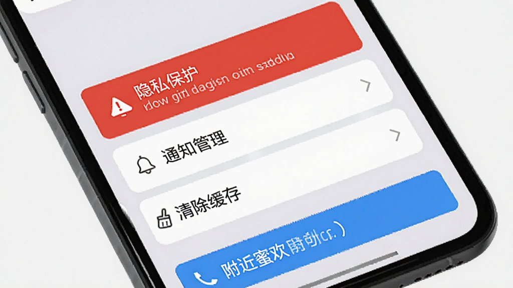 附近蜜欢使用指南操作页面,手机屏幕上显示设置选项列表,包括“隐私保护”、“通知管理”、“清除缓存”等,背景为浅灰色,配有红色警示框和蓝色提示条,画质清晰,干净无多余元素。