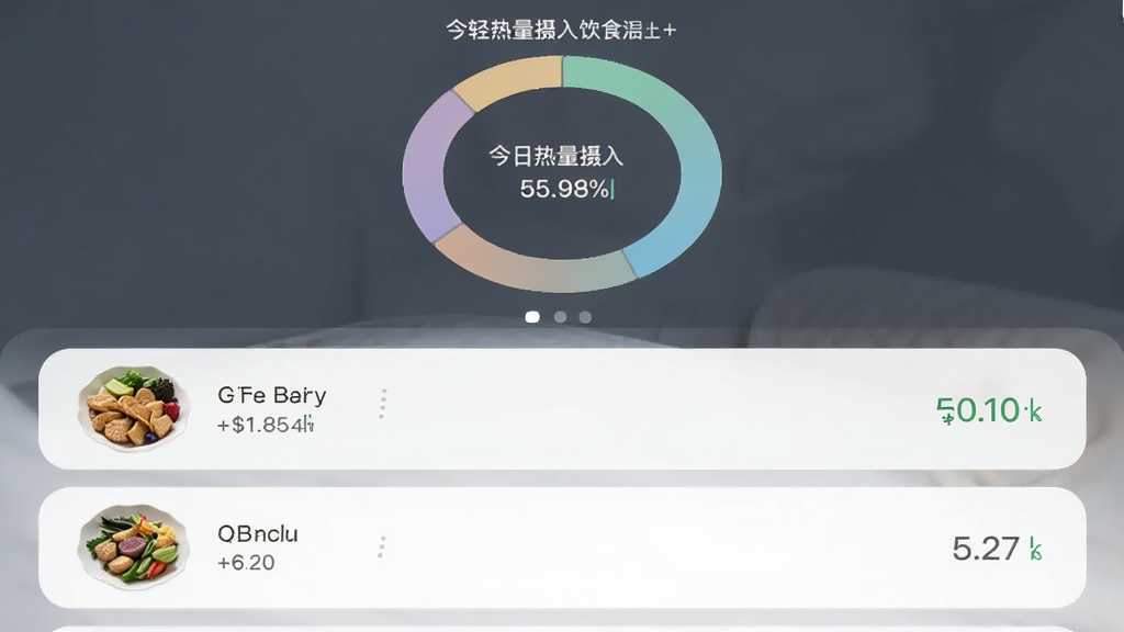 ok轻断食应用的饮食记录界面,上方显示今日热量摄入环形图,下方为食物列表,每项食物旁有对应的卡路里数字,界面采用卡片式布局,色彩柔和,数据清晰易读,整体设计干净专业,无多余元素。