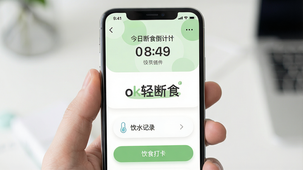 一张展示ok轻断食应用主界面的高清手机截图,界面风格清新简约,以浅绿色和白色为主色调,主界面显示今日断食倒计时、饮水记录和饮食打卡按钮,手机屏幕中央展示“ok轻断食”应用名称,布局清晰,操作按钮圆润,整体风格现代简洁,画质干净,无多余元素。