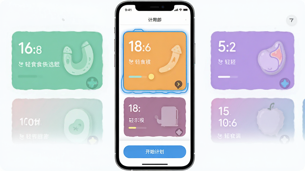 ok轻断食应用的计划选择页面,屏幕展示多种断食模式卡片,包括16:8、18:6、5:2等,每张卡片以不同颜色区分,当前选中的卡片有高亮边框,页面底部有“开始计划”按钮,整体布局简洁有序,风格清新,画质干净,无多余元素。