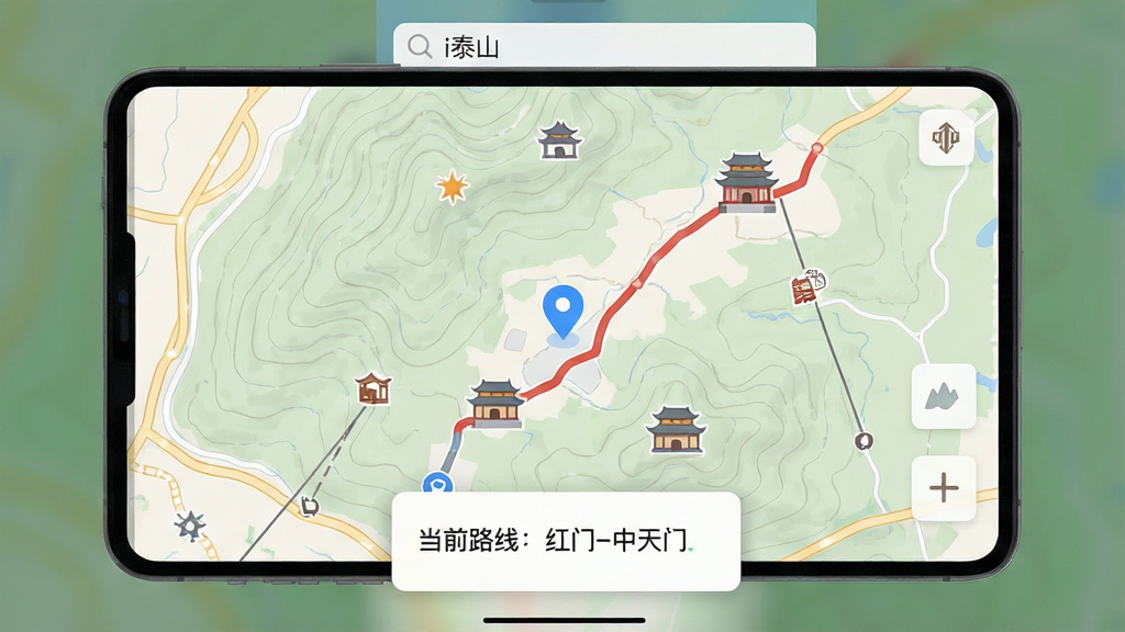 主体:i泰山APP的智慧导览界面截图。布局:地图占满屏幕,底部弹出路线推荐卡片。排版:地图上显示蓝色定位点和红色规划路线,卡片标注“当前路线:红门-中天门”。风格:扁平化设计,色彩柔和。细节:地图含等高线、古建筑图标、索道标记,顶部搜索栏有“i泰山”字样。画质:高清,干净,无多余元素。