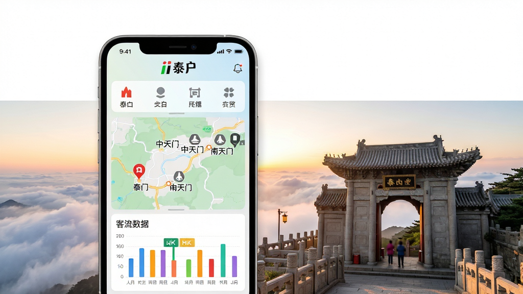 主体:i泰山APP界面与泰山日出背景融合,手机屏幕显示景区地图和客流数据。布局:手机位于画面中央偏左,右侧为泰山南天门实景,上方留白。排版:手机界面清晰展示“i泰山”LOGO与功能图标,背景云雾缭绕。风格:写实与科技感结合,色调清新明亮。细节:地图上标注红门、中天门、南天门等关键景点,客流数据用彩色柱状图呈现。画质:8K超清,干净,无多余元素。