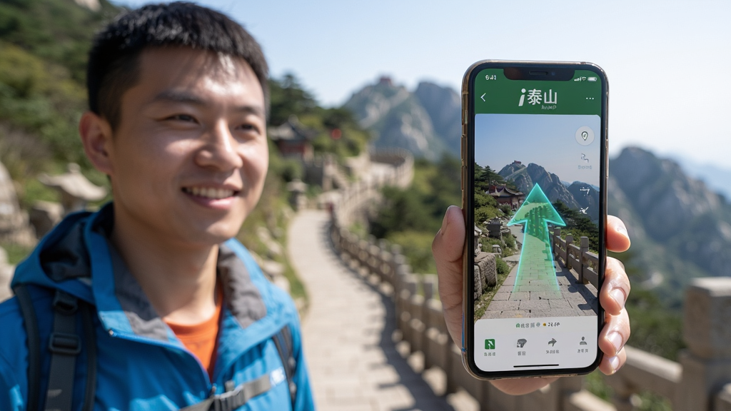 主体:游客在泰山使用i泰山APP导航,手机显示AR箭头。布局:人物位于画面左侧,手机屏幕朝向右前方,背景为泰山盘道。排版:画面聚焦手机屏幕,AR箭头叠加在实景上。风格:纪实摄影,阳光明媚。细节:手机屏幕显示“i泰山”标识,游客面带微笑。画质:高清,干净,无多余元素。