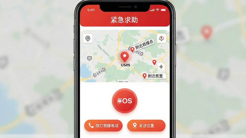 主体:i泰山APP应急求助界面。布局:手机居中,屏幕显示红色SOS按钮和地图定位。排版:上方显示“紧急求助”标题,下方有“拨打救援电话”和“发送位置”按钮。风格:简洁直观,警示色突出。细节:地图上显示用户位置和附近救援点,按钮有渐变效果。画质:高清,干净,无多余元素。