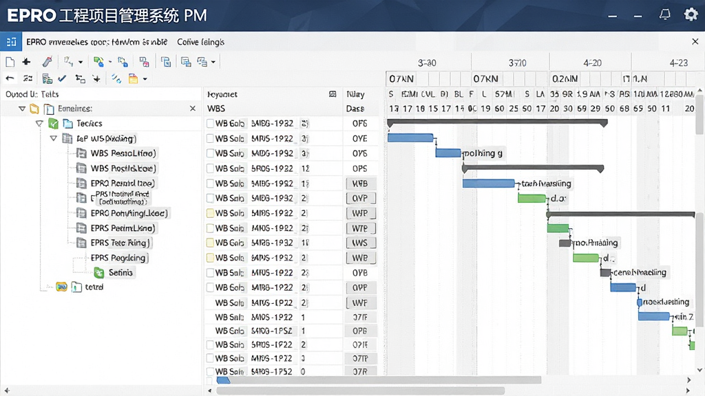 EPRO工程项目管理系统PM电力版的项目计划界面,展示WBS树形结构和甘特图,左侧任务列表右侧时间轴,布局清晰,排版专业,风格简洁,细节丰富,画质高清,干净无多余元素