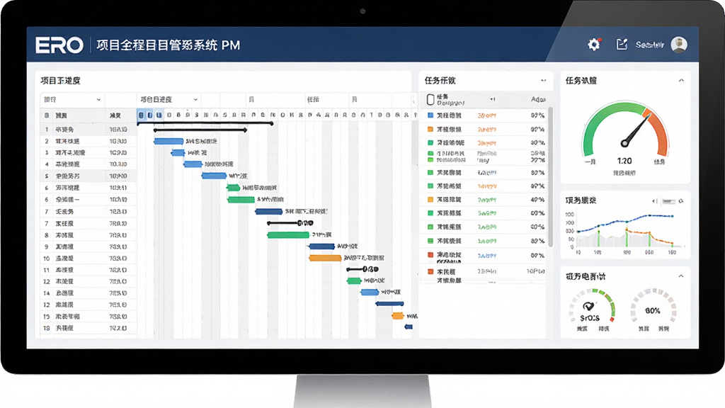 一张展示EPRO工程项目管理系统PM电力版主界面的电脑截图,界面包含项目进度甘特图、任务列表和仪表盘数据,布局清晰,排版专业,风格现代简洁,细节丰富,画质高清,干净无多余元素