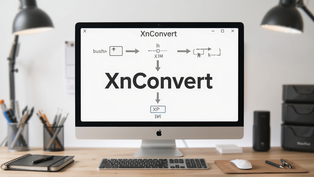 XnConvert 使用技巧示意图,展示批量处理流程,背景为工作台,软件名称“XnConvert”在屏幕中央,风格简洁,画面干净,高清画质