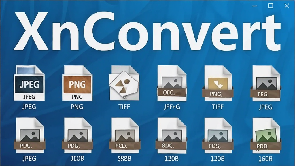 XnConvert 格式转换功能预览,界面中显示多种图片格式图标,如JPEG、PNG、TIFF,背景为蓝色渐变,软件名称“XnConvert”出现在界面顶部,画面清晰,风格专业,无多余元素,高清画质