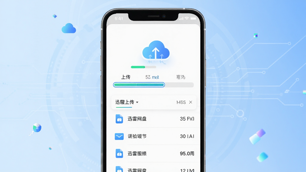 主体为迅雷网盘APP界面展示,背景为淡蓝色科技感渐变,界面中显示文件上传下载进度条与云朵图标,布局居中,风格现代简约,细节包含文件列表与速度标识,画质高清干净,无多余元素