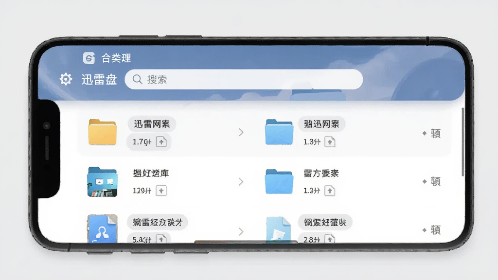迅雷网盘文件管理界面,主体为手机屏幕显示分类文件夹与搜索框,背景为浅灰色,布局列表式,风格清爽,细节有缩略图与文件大小标注,画质干净无杂物