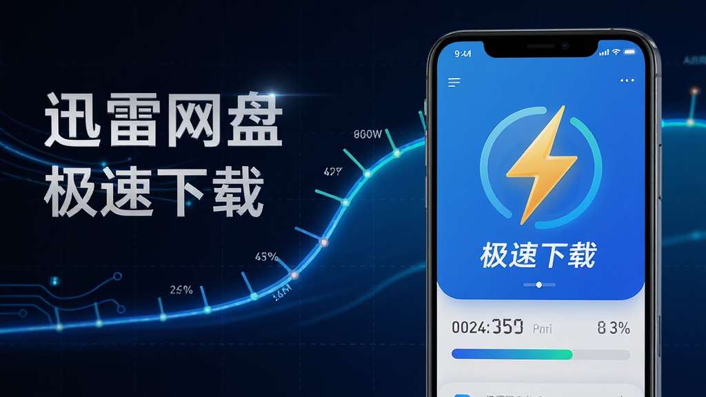 展示迅雷网盘高速下载场景,主体为手机界面显示闪电图标与“极速下载”字样,背景为动态速率曲线,布局左文右图,风格科技感,细节有速度数字与进度条,画质明亮干净