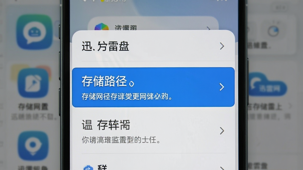 迅雷网盘手机界面显示设置菜单,主体为屏幕高亮“存储路径”选项,背景模糊,布局居中,风格实用,细节有提示文字,画质清晰干净