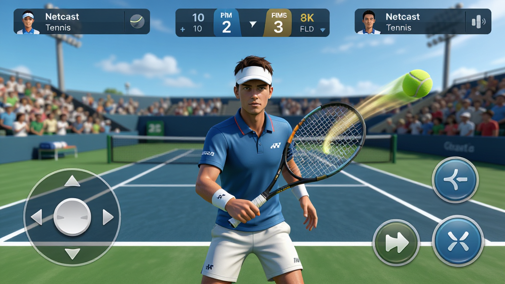 主体:一款名为“Netcast Tennis”的网球游戏主界面预览图,画面中央是高清3D网球场地和手持球拍的运动员角色。布局:界面采用上下结构,上方显示比分牌与对手信息,下方为虚拟摇杆和击球按键,整体UI简洁直观。排版:画面比例16:9,人物居中,场地透视延伸至远方,背景有观众席和蓝天。风格:写实体育风格,色彩明亮鲜艳,光影效果逼真。细节:运动员服装纹理清晰,球场边线洁白,网球飞行轨迹带有动态残影,按钮图标圆润并带有高光。画质:8K超清渲染,干净无多余元素。