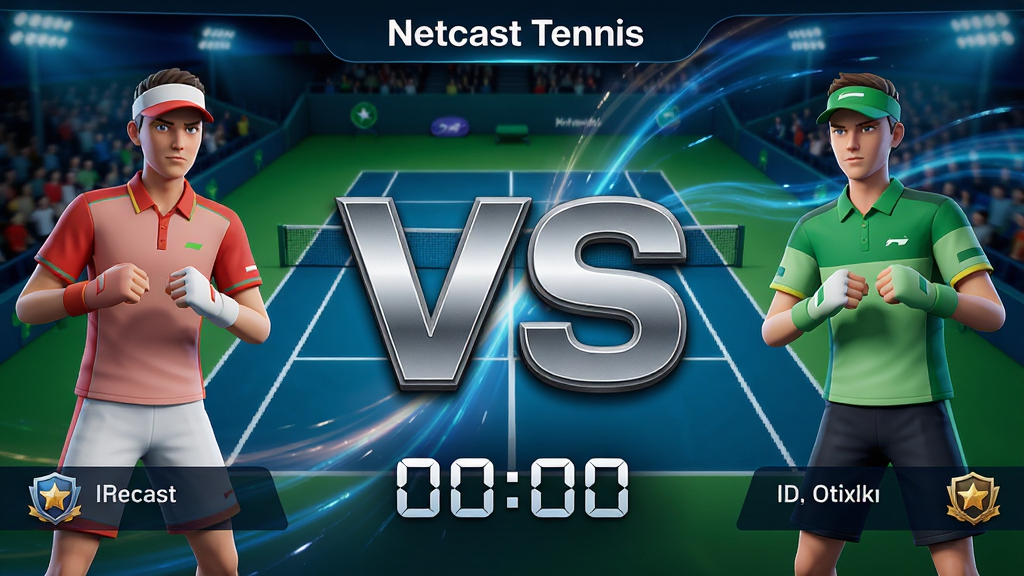 主体:展示“Netcast Tennis”在线对战加载界面,左右两侧分别显示玩家与对手的3D角色形象和ID信息。布局:画面中央为巨大的“VS”字样,两侧角色呈对峙姿态,背景是动态的球场缩略图。排版:对称式布局,信息层级分明,倒计时数字醒目。风格:科技感与现代感结合的UI设计,色彩对比强烈。细节:角色服装有不同配色,ID下方显示段位徽章,VS字样带有金属质感光泽,背景光效流动。画质:界面清晰锐利,干净无多余元素。