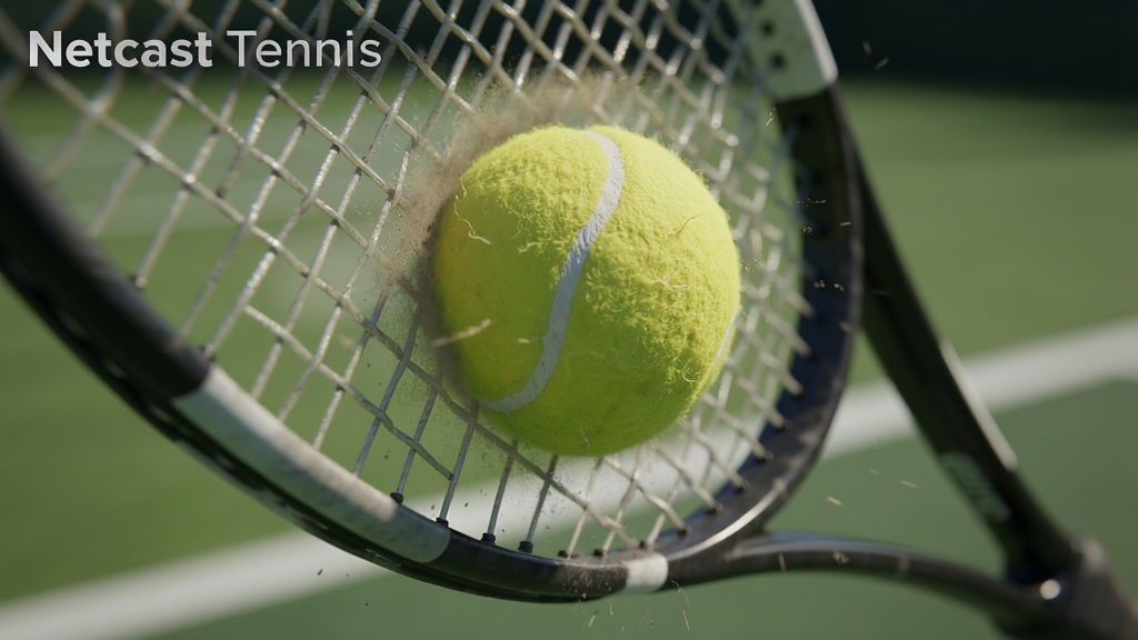 主体:展示“Netcast Tennis”游戏内击球瞬间的特写画面,网球拍击中黄色网球,球体表面纹理清晰可见并产生形变。布局:画面聚焦于球拍与球的接触点,背景为虚化的绿色球场。排版:采用对角线构图,球拍从画面右下方向左上方挥动,视觉冲击力强。风格:超写实渲染风格,细节丰富,带有动态模糊效果。细节:球拍网线根根分明,网球上的绒毛与接缝线清晰,周围有细微的尘土飞溅,场地边线隐约可见。画质:高分辨率渲染,干净无多余元素。