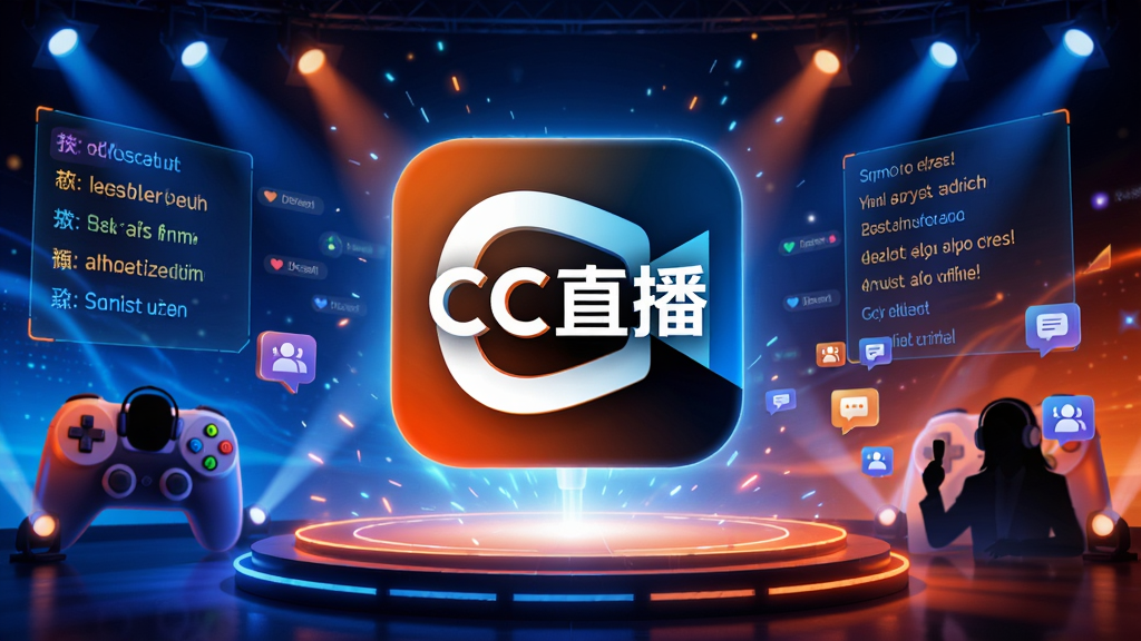 画面主体为“CC直播”品牌logo悬浮于炫彩光影舞台中央,背景融合游戏手柄、弹幕飘屏、聚光灯等元素,整体布局采用中心对称构图,主色调为科技蓝与活力橙渐变,风格现代动感,细节包含主播剪影与观众互动图标,画质为8K超高清,整体画面干净无多余元素