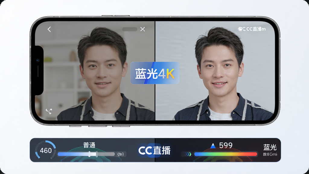 画面主体为“CC直播”移动端界面展示超清画质对比图,左右分屏对比普通模式与蓝光模式效果,布局上采用上下结构,上方为手机样机展示,下方为画质参数条,排版简洁,风格科技感,细节突出“蓝光4K”字样与色彩饱和度差异,画质为高清渲染图,干净无多余元素