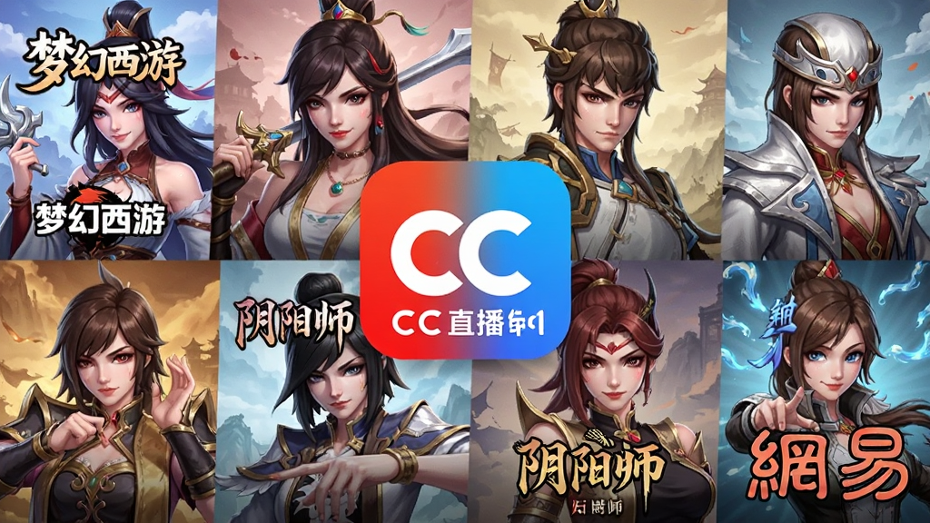 画面主体为“CC直播”与多款网易游戏IP联合海报,布局采用横向排列游戏角色立绘,中心位置为CC直播logo,排版规整,风格华丽,细节包含“梦幻西游”“阴阳师”等游戏名称字样,画质为高清渲染,整体干净无多余元素