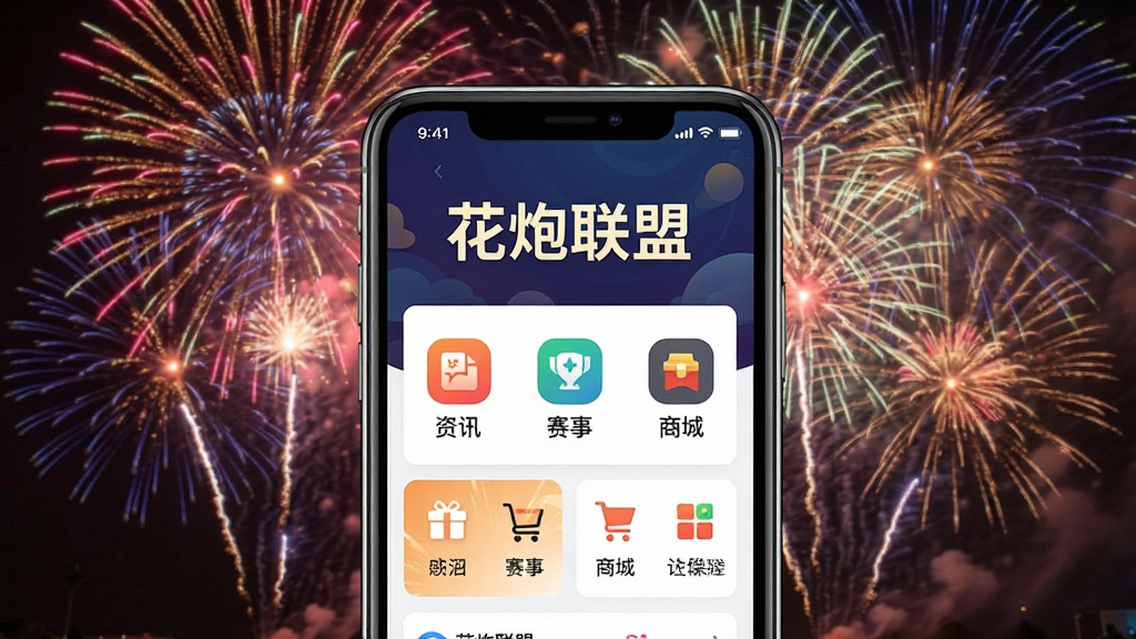 主体:花炮联盟APP界面展示,背景是绚丽的烟花绽放场景,前景是手机屏幕,屏幕上有“花炮联盟”字样及功能图标。布局:手机居中,烟花背景铺满,图标清晰。排版:简洁现代,信息层级分明。风格:喜庆、专业、科技感。细节:烟花色彩丰富,手机屏幕内容突出,包括资讯、赛事、商城等模块。画质:高清,干净,无多余元素。