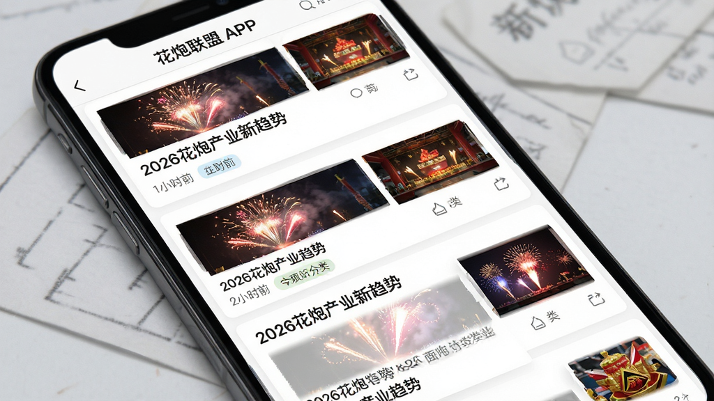 主体:花炮联盟APP的资讯页面,屏幕上显示多篇行业新闻标题及配图。布局:列表式排版,新闻卡片整齐排列。排版:图文结合,标题醒目。风格:新闻资讯类应用的典型风格,简洁清晰。细节:每条新闻带有时间戳和分类标签,其中一条标题为“2026花炮产业新趋势”。画质:高清,干净,无多余元素。