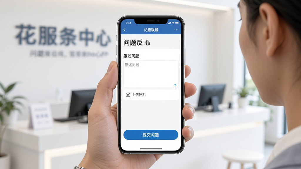 主体:用户手持手机使用花炮联盟APP,屏幕显示“问题反馈”界面。布局:手机居中,背景为简洁的客服中心。排版:界面清晰,有“提交问题”按钮。风格:服务类应用界面风格。细节:屏幕上显示“描述问题”输入框,有“上传图片”选项。画质:高清,干净,无多余元素。